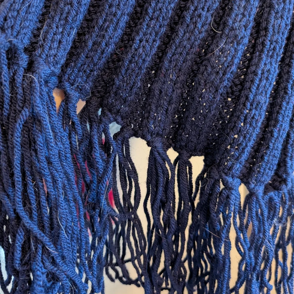 Hand Knit Ribbed Dr. Who Style Color Block Scarf With Fringe